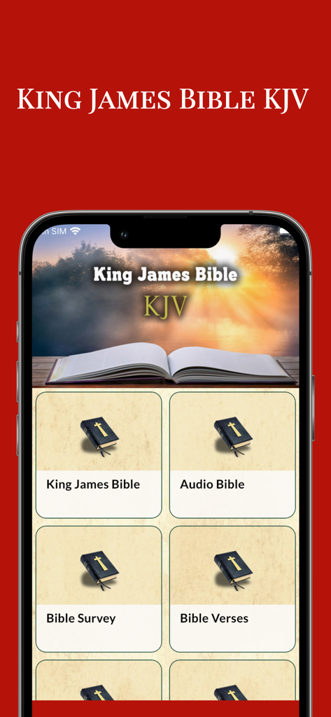 King James Bible - KJV Offline - Home screen of the King James Bible KJV Offline app displaying navigation buttons for King James Bible Audio Bible Bible Survey and Bible Verses