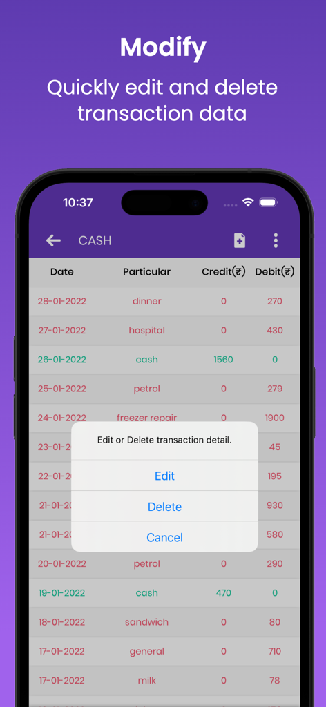 Account Manager - Ledger Book - Mobile app interface displaying a financial ledger with a popup menu to edit or delete a transaction record