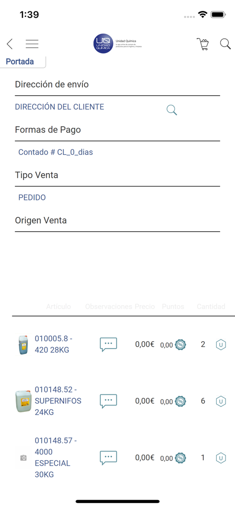 Unidad Química - Unidad Química app screen showing industrial chemical order details and shipping address