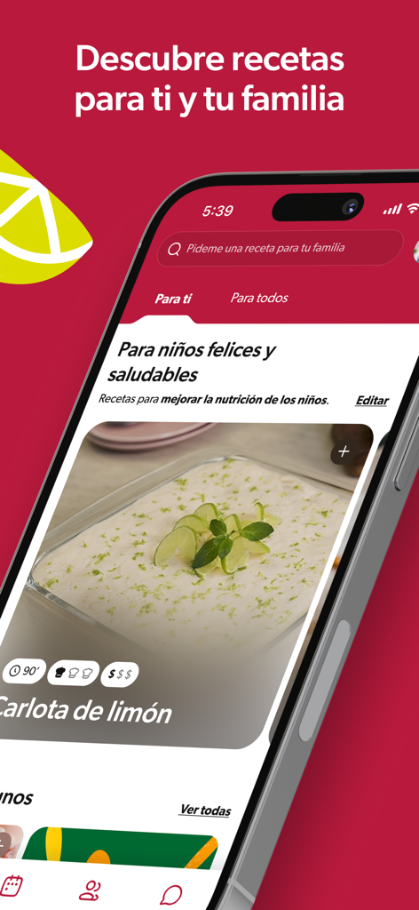Recetas Nestle Mexico app interface displaying a lemon carlota recipe for children