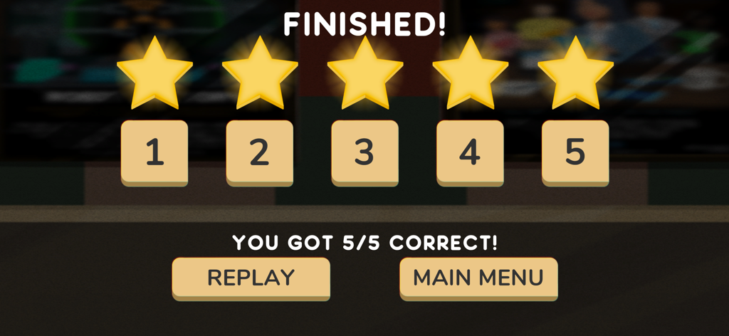 Cash Skills Collection - Finished screen in Cash Skills Collection showing five stars and a score of five out of five correct