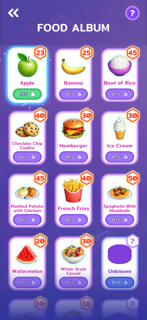 Level One: A Diabetes Game - Food album screen in the Level One diabetes game showing various food items and their carb values