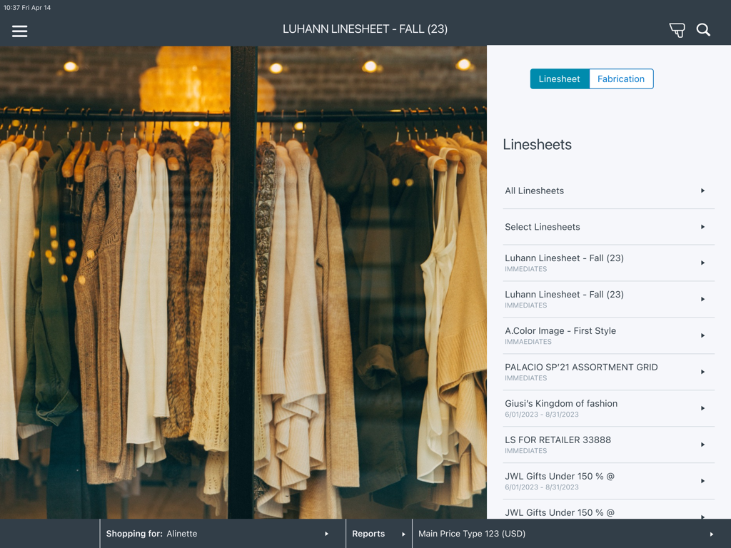 JOOR for Brands - Digital linesheet interface on the JOOR for Brands iPad app showing fashion collections.