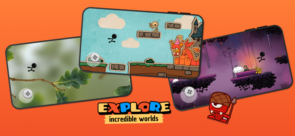 Draw Your Game Infinite - Three mobile screens displaying various game levels with a stick figure character and the text Explore incredible worlds