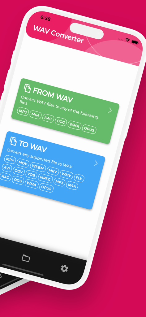 Pantalla de inicio de la aplicación WAV Converter mostrando opciones para convertir archivos de audio de y a formato WAV.