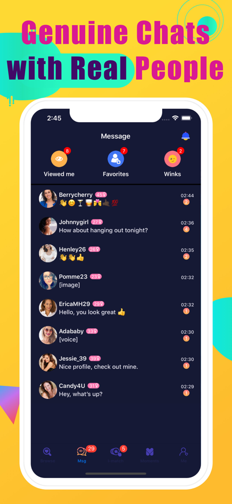 Pantalla de chat de la aplicación de citas Maduro mostrando una lista de mensajes de usuarios reales.