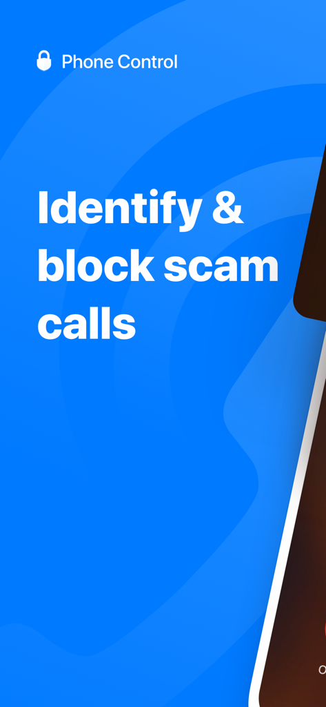 Spam Call Blocker + Caller ID - Banner promocional de la aplicación Spam Call Blocker con el texto Identifica y bloquea llamadas fraudulentas