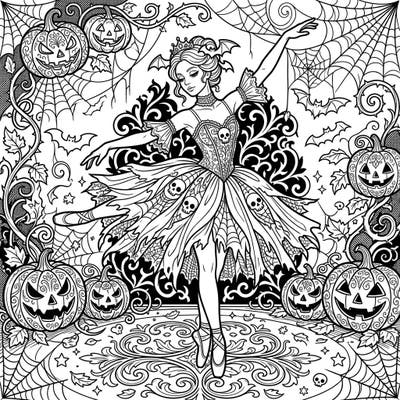 Step into a world where grace meets ghoulish charm with this unique Gothic Halloween ballerina coloring page. Adorned with skulls and spiderwebs, she dances among jack-o'-lanterns and bats, offering a magically macabre coloring adventure.