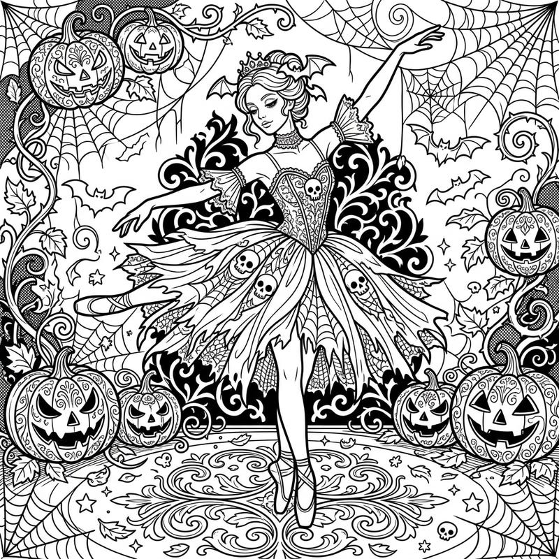Step into a world where grace meets ghoulish charm with this unique Gothic Halloween ballerina coloring page. Adorned with skulls and spiderwebs, she dances among jack-o'-lanterns and bats, offering a magically macabre coloring adventure.