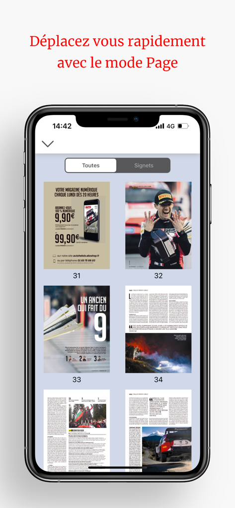 AUTOhebdo Magazine - Page navigation mode showing a grid of magazine pages in the AUTOhebdo app