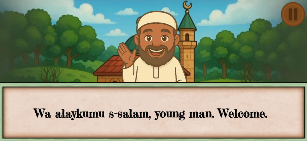 Hamza's Journey - A friendly scholar in front of a mosque greeting the player with a traditional Islamic welcome