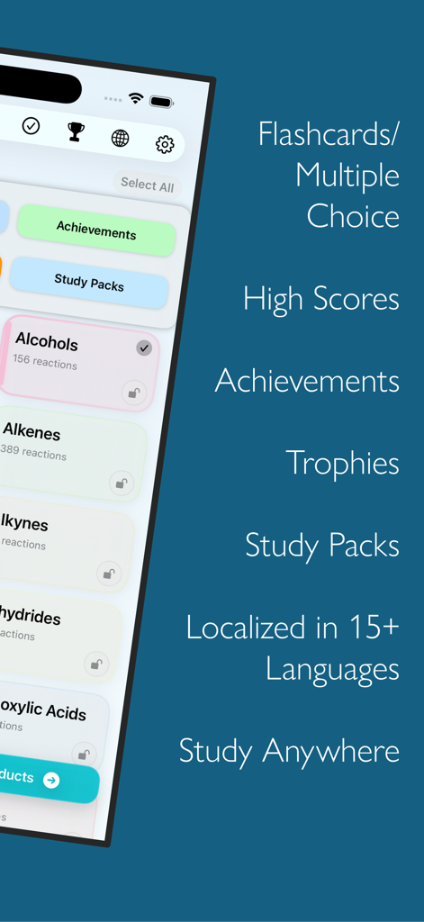 Organic Chemistry Study Help - 有機化学学習サポートアプリのダッシュボードで、アルコールやアルケンのような官能基と学習パック、実績が表示されている様子