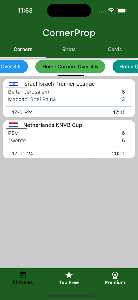 CornerProp- Team Corners Tips - Dashboard of the CornerProp app displaying football match corner kick predictions and stats