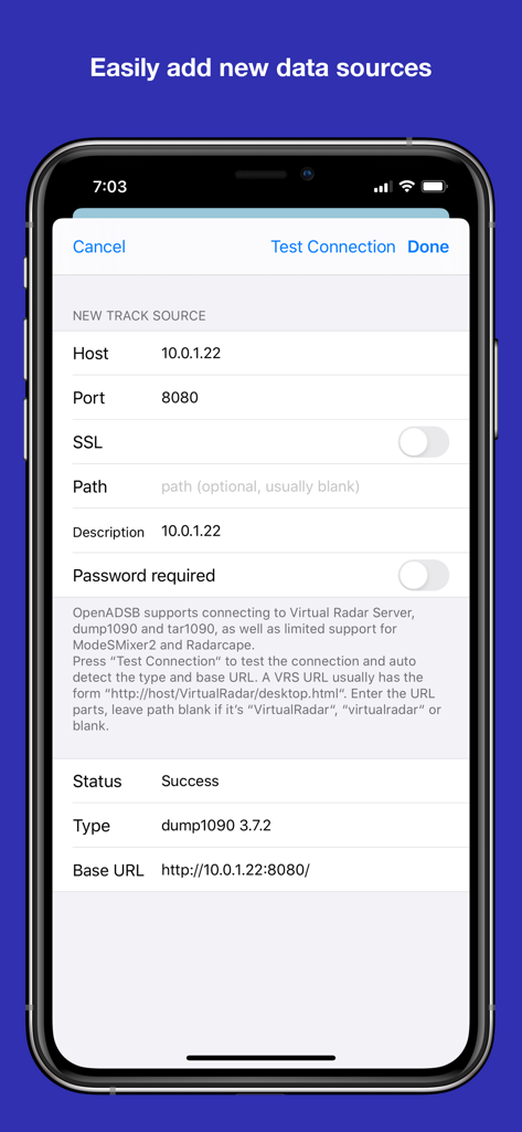 OpenADSB - OpenADSB menu for setting up a new flight data source connection