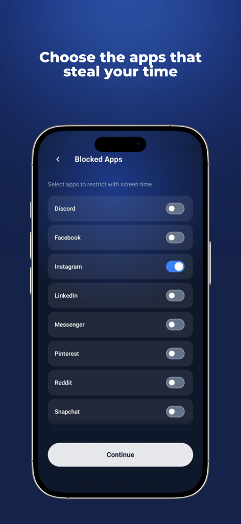 Sweatscroll: App Blocker - Interface of the Sweatscroll app showing a list of social media apps like Instagram and Facebook to block for screen time management.
