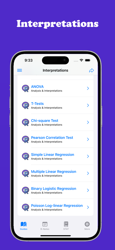 R Programming Guide - App screen showing a list of statistical test interpretations including ANOVA T-Tests and Linear Regression