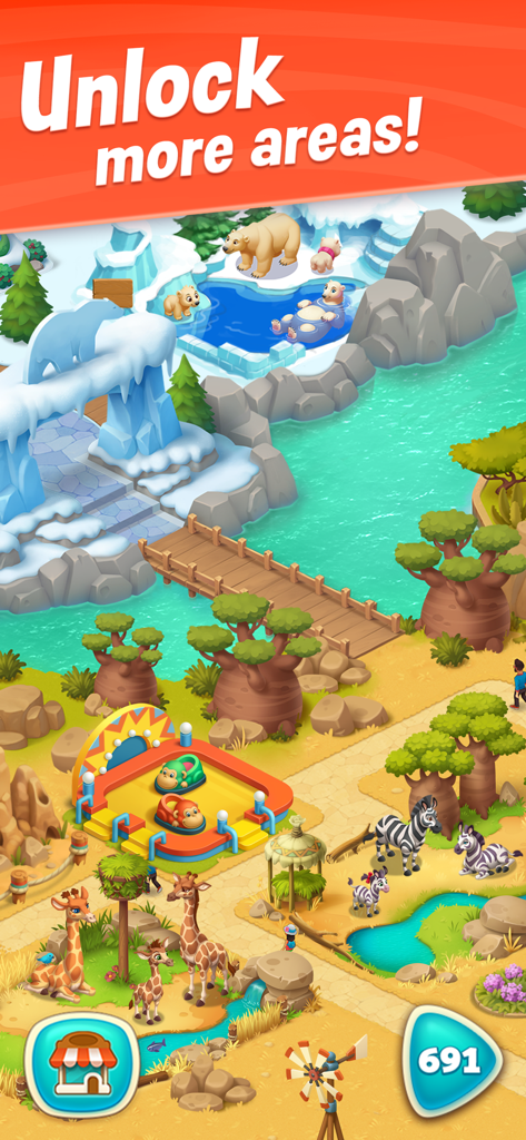 Wildscapes - 북극과 사바나 같은 다양한 동물 서식지를 잠금 해제할 수 있음을 보여주는 와일드스케이프 게임 스크린샷.