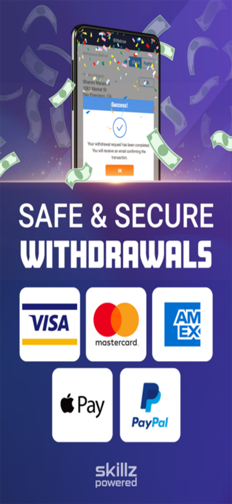 Fruit Fighter: skillz prizes - Safe and secure withdrawals screen showing Visa Mastercard American Express Apple Pay and PayPal payment methods