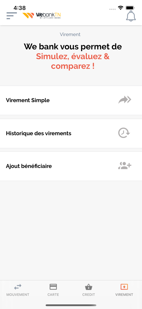 Webank - Webank mobile app interface showing the transfer menu with options for simple transfers, transfer history, and adding beneficiaries.