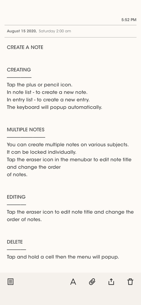 Simplife - Simplife app screen showing simple instructions for creating editing and deleting notes