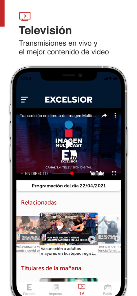 Captura de pantalla de la aplicación de noticias Excélsior mostrando la sección de TV en vivo con un reproductor de video y clips de noticias.