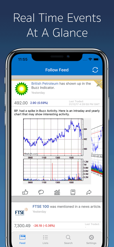 Mobile interface of Follow Feed showing real time stock events and price charts