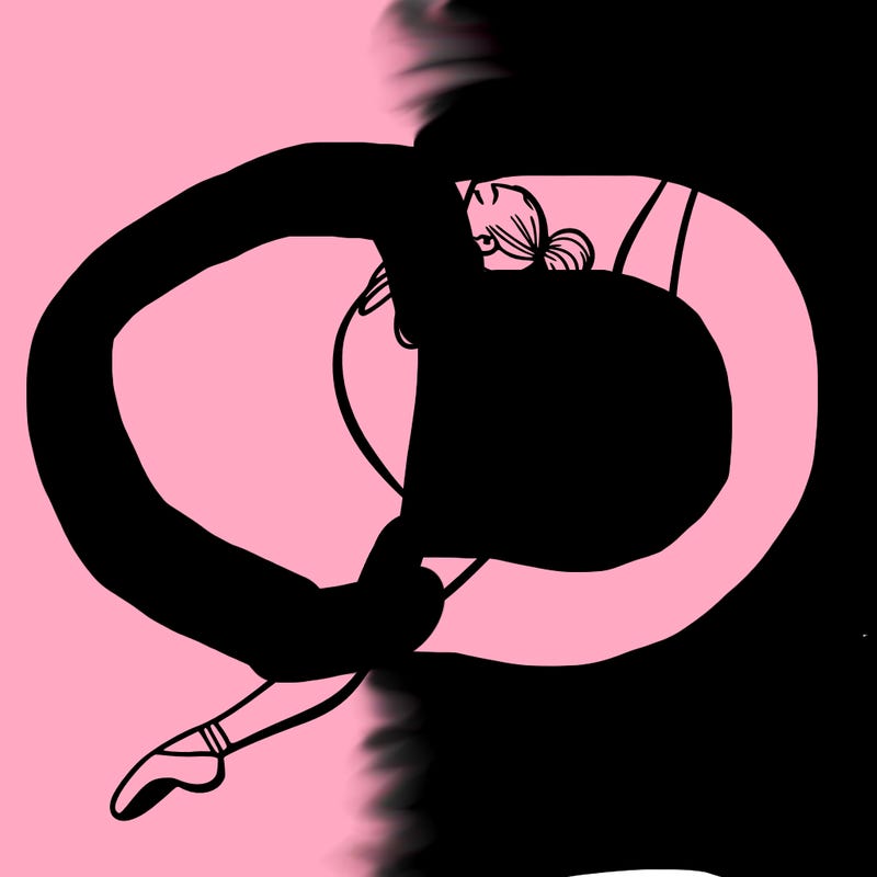 gymnast doing a leap in a leotard with a bent back leg