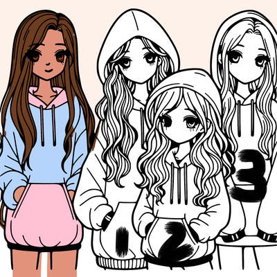 4 girls, one with long straight hair, one with long wavy hair, one with short curly hair, one with short straight hair, all wearing oversized hoodies