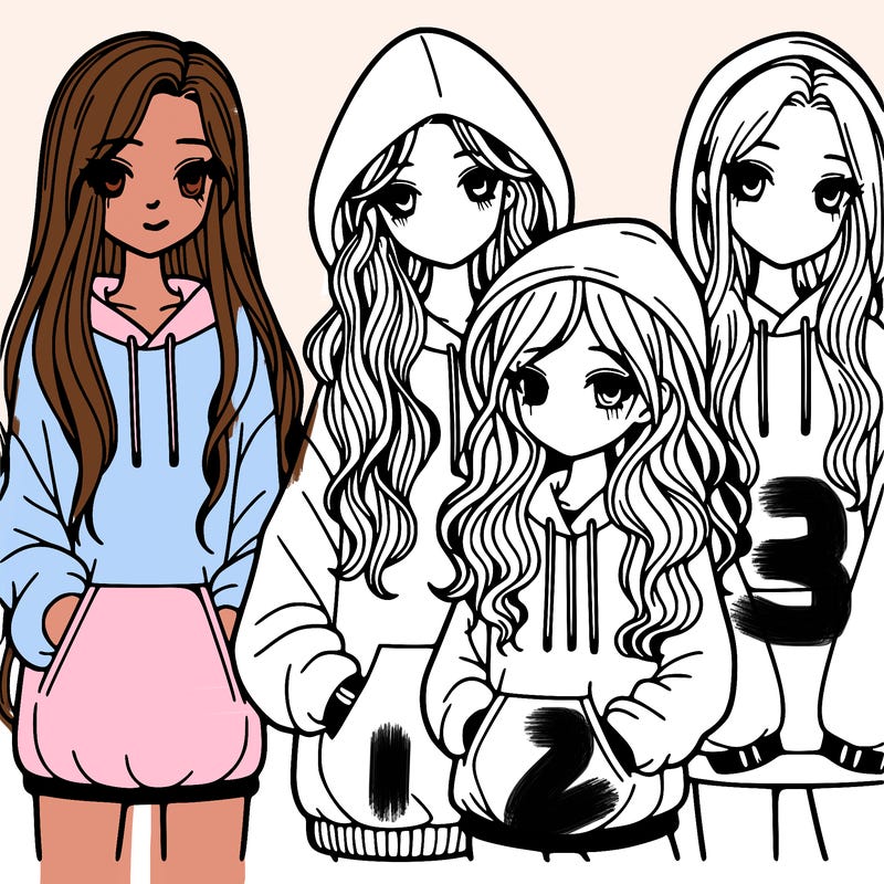 4 girls, one with long straight hair, one with long wavy hair, one with short curly hair, one with short straight hair, all wearing oversized hoodies