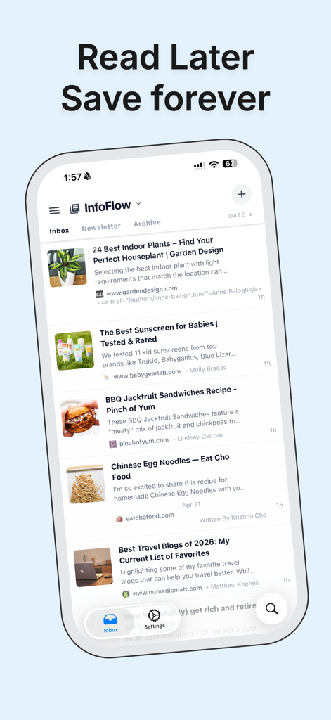 InfoFlow: Pocket Alternative - InfoFlow app screen showing a curated list of saved articles in the inbox