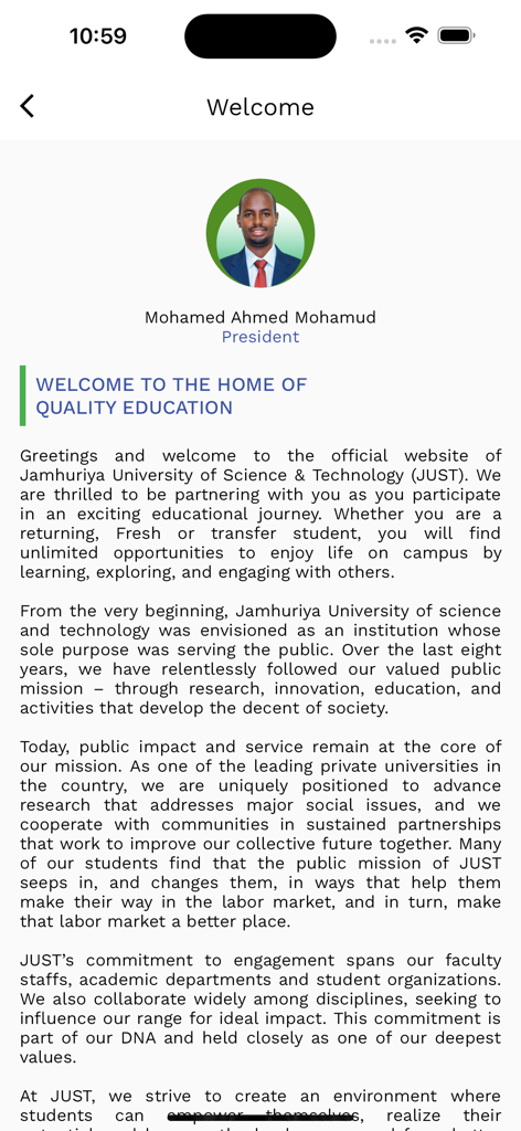 Jamhuriya University - Welcome message from President Mohamed Ahmed Mohamud on the Jamhuriya University mobile app screen.