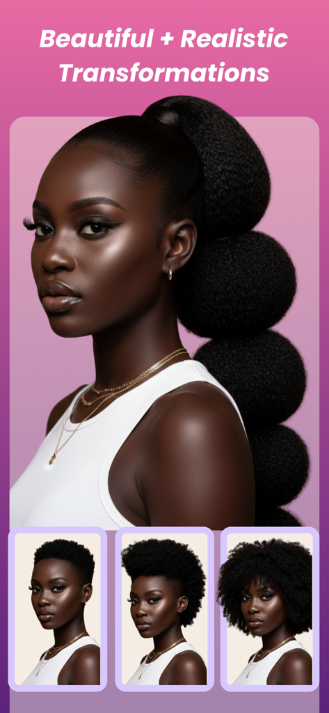 StyleShare app demonstrating realistic AI hair transformations for diverse hair textures.