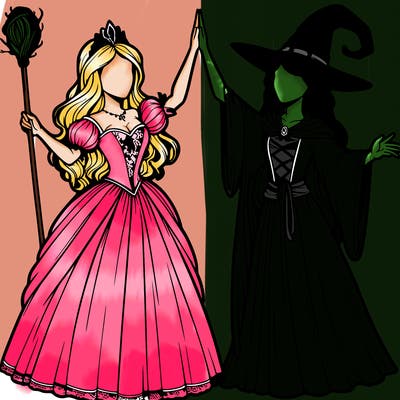 detailed realistic split of a princess and a witch