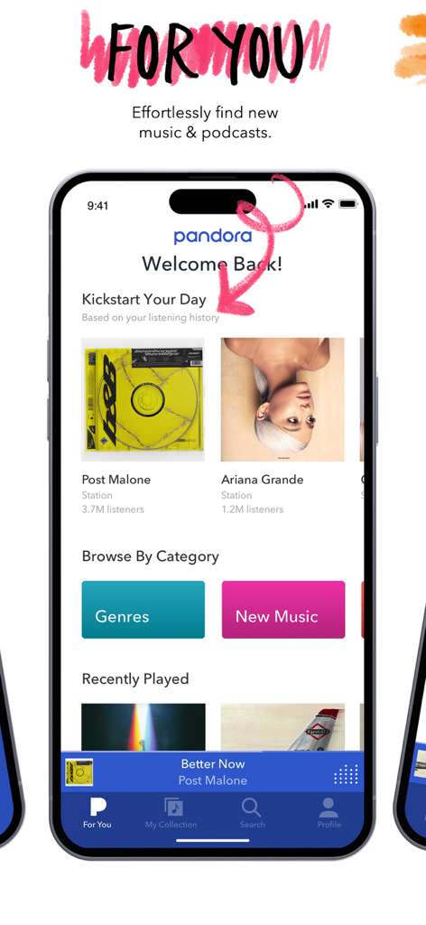 Pandora app personalized For You screen with music and podcast recommendations