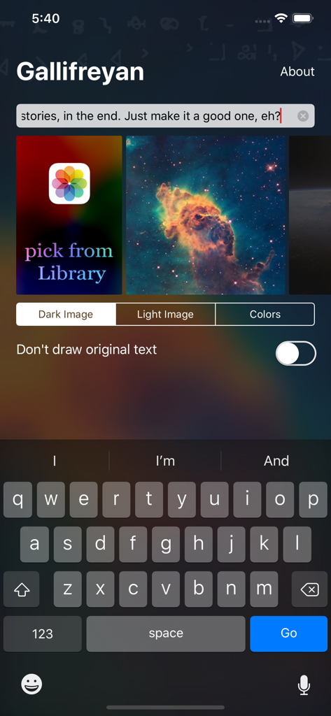 Gallifreyan Translator app screen showing text input and cosmic background options