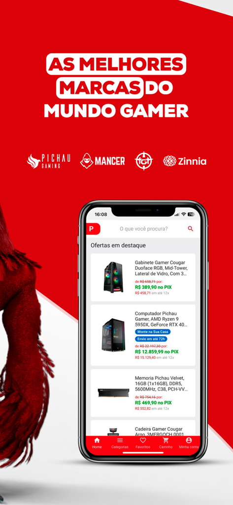 Pichau mobile app interface displaying gamer hardware brands and featured product offers