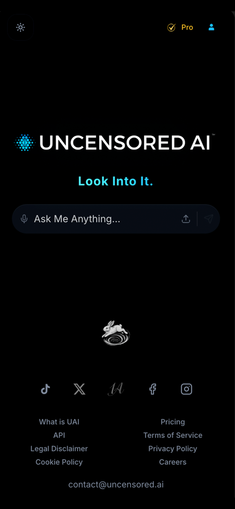 Home screen of the Uncensored AI app with a dark theme and chat input