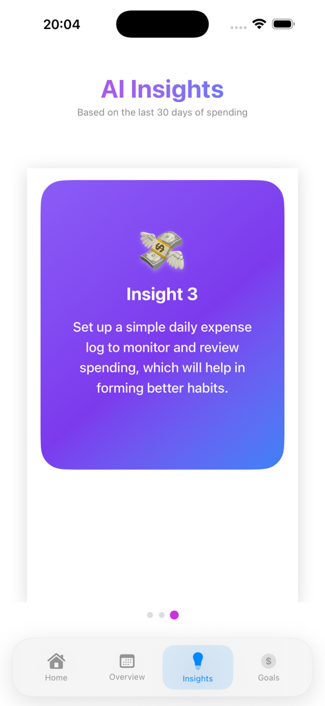 WealthRise app AI Insights screen showing recommendations for daily expense logging and habit tracking