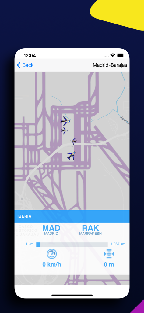 Iberia flight radar app interface tracking a plane at Madrid airport with speed and altitude data.