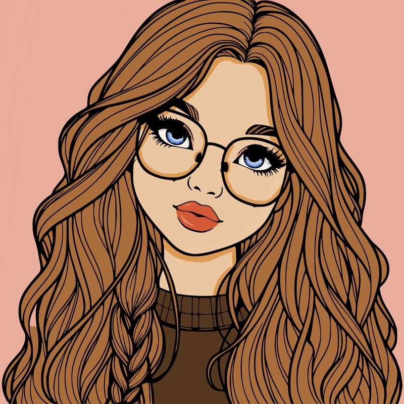 girl with long hair and freckles and glasses realistic