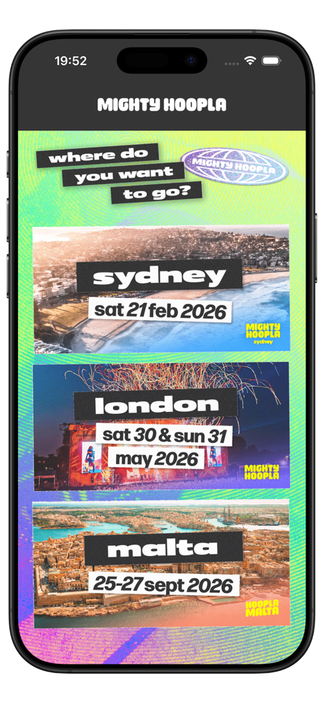 Mighty Hoopla 2026 - Interface do aplicativo Mighty Hoopla 2026 mostrando as datas do festival para Sydney, Londres e Malta