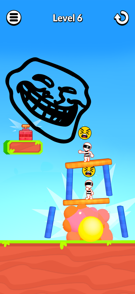 Draw Hero 3D: Fun Puzzle Games - A hand drawn troll face falling on stickman enemies in the Draw Hero 3D puzzle game