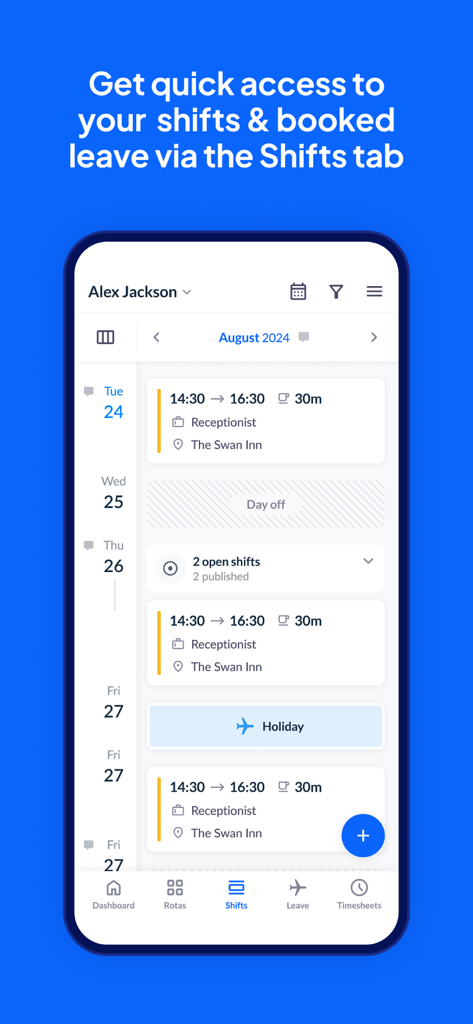 RotaCloud mobile app interface showing the Shifts tab with an employee schedule including receptionist shifts and booked holiday