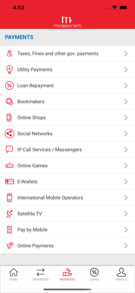 Payment services menu in the MobiDram Wallet app featuring utility payments and taxes
