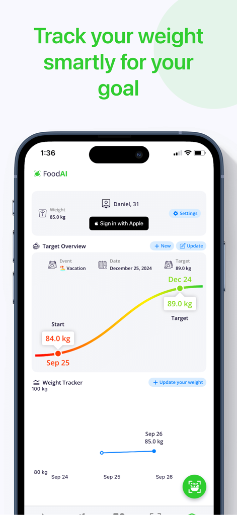 Calorie Tracker・Diet: Food AI - Écran de smartphone affichant un graphique de suivi du poids et la progression des objectifs dans l'application Food AI