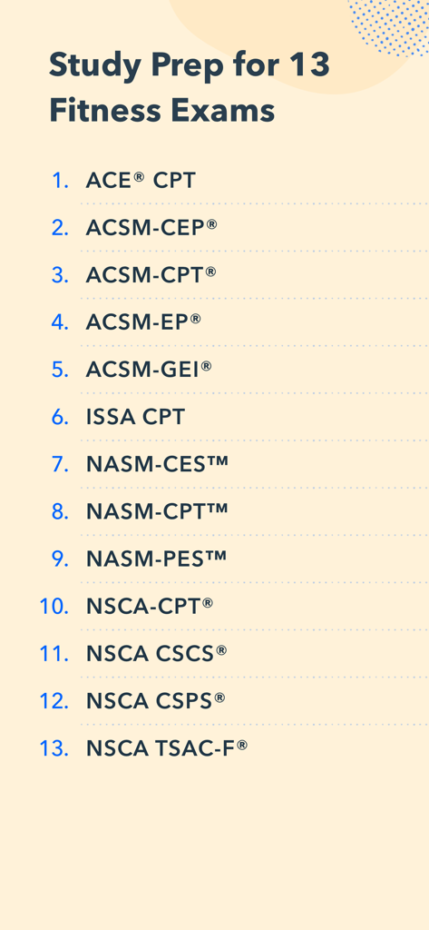 A list of 13 professional fitness certification exams supported by the app
