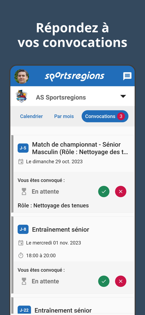 Sportsregions - Mobile app screen displaying sports team event invitations with options to accept or decline RSVPs