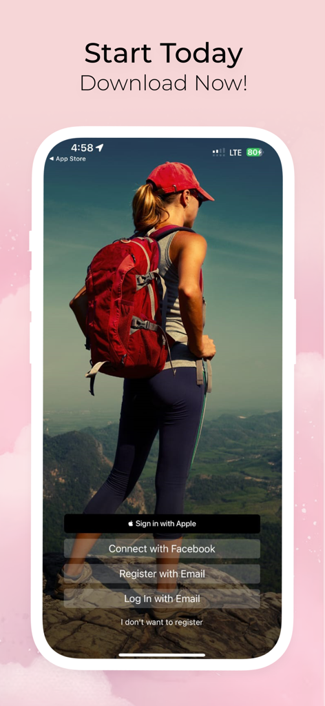 Habit-Bull: Daily Goal Planner - Pantalla de inicio de sesión de la aplicación Habit-Bull con una mujer haciendo senderismo y opciones de registro
