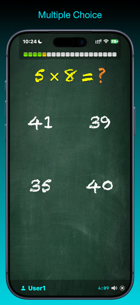 TimesX Times Tables Tester - A multiplication problem 5 times 8 with multiple choice options on a chalkboard style screen.