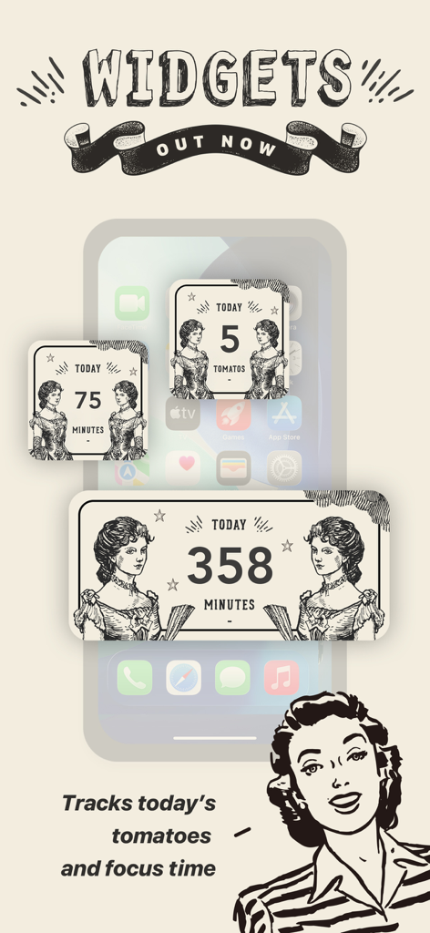 Focus Tomato - Let's focus now - Widgets iOS estilo vintage para la aplicación Focus Tomato que muestran minutos de concentración diarios y recuentos de tomates